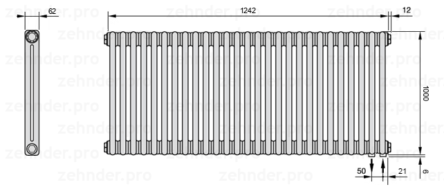 Схема (чертеж) Радиатор Zehnder Charleston 2100/27 №5510 Белый глянцевый RAL 9016